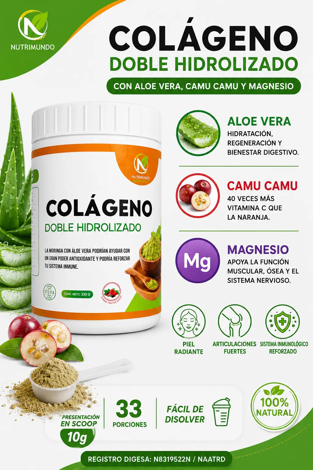Colágeno con aloe vera y camu camu — Nutrimundo1, colágeno hidrolizado para piel y articulaciones