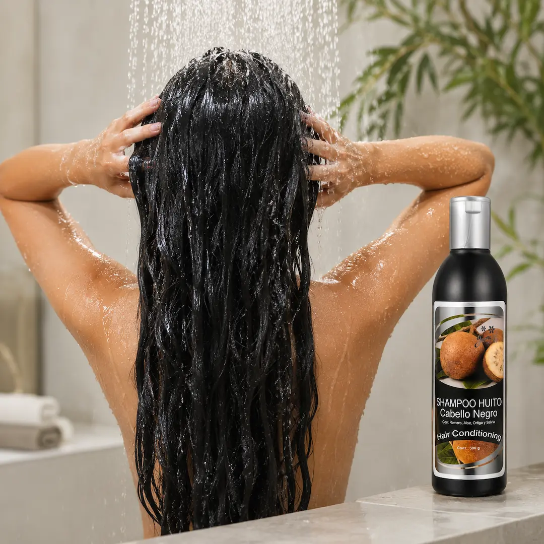 pasos para usar el shampoo de huito – mojar cabello